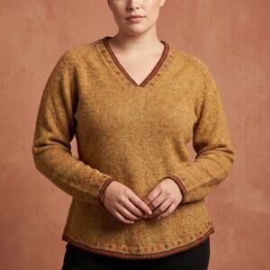 La Vicunita Women's V-Neck Sweater 100% Baby Alpaca Peru Boho Mustard M